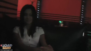 Lovable and sexy brunette teen is having threesome gangbang